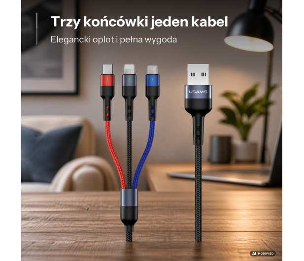 USAMS Kabel pleciony 3w1 0,35m 2A (lightning/microUSB/USB-C) - 1569027 - zdjęcie 2